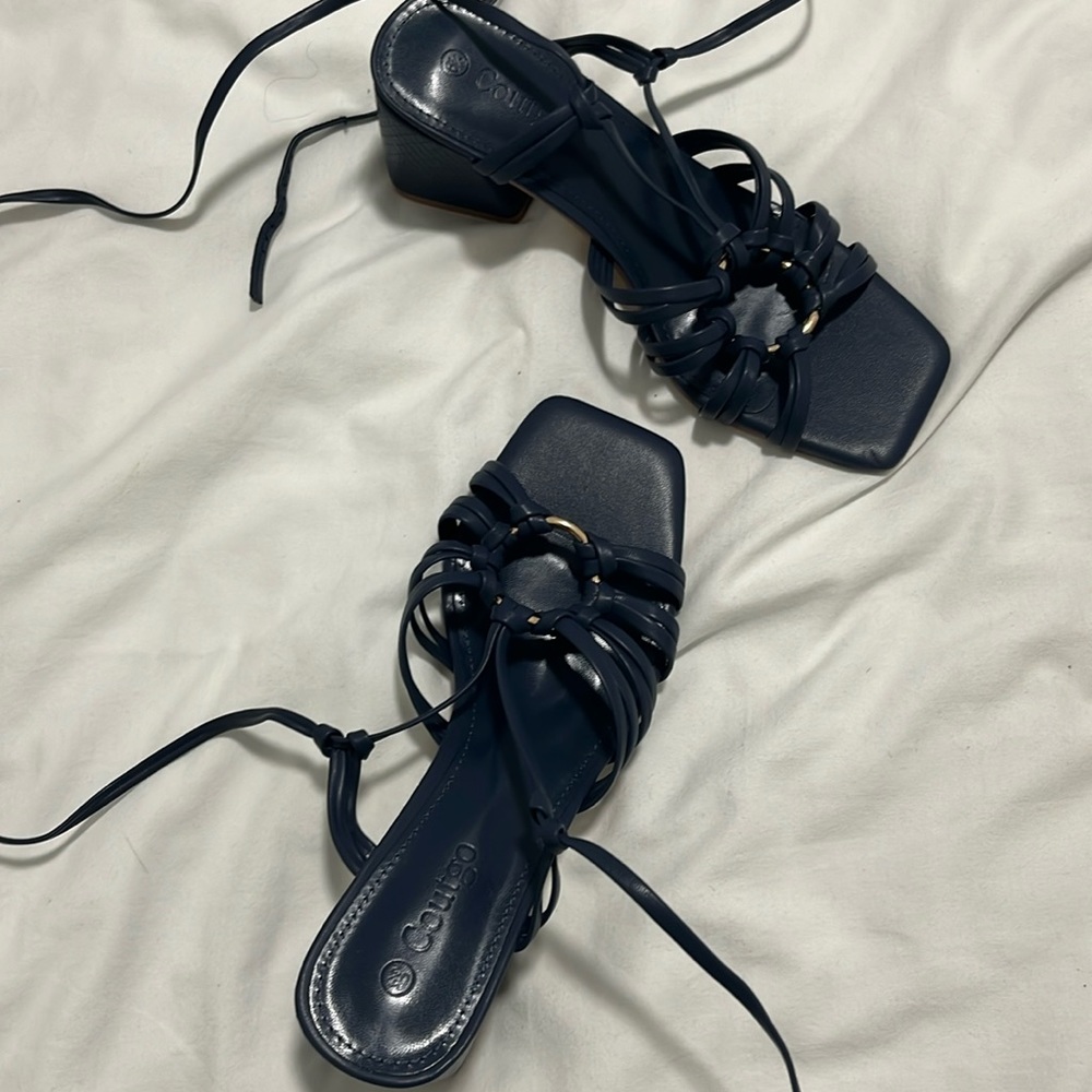 Navy blue block heeled sandals